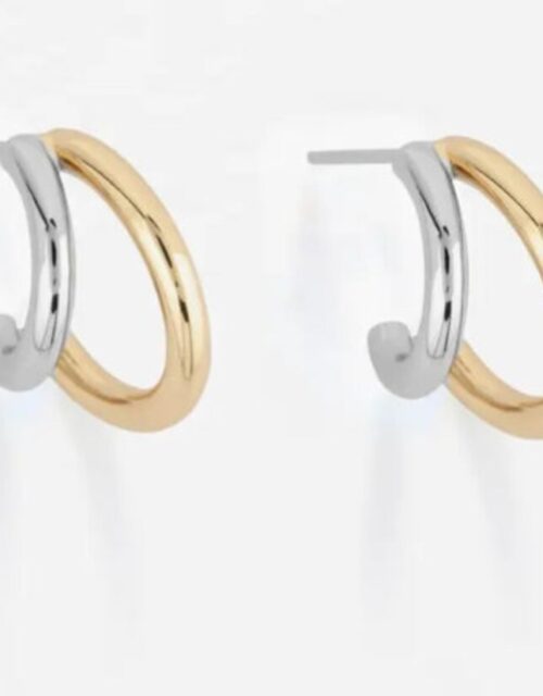 Mixed metal earrings, Two tone earrings pierced Gold Dangle Drop Stud Huggie