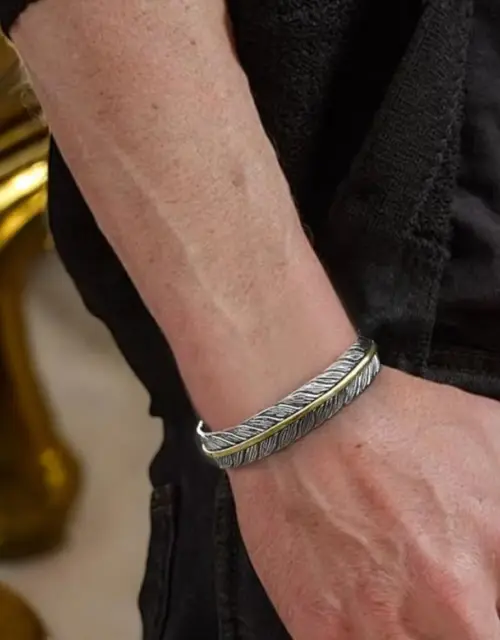 Viking Goth Feather Bracelet Bangle - Adjustable Two Tone Cuff for Men, Vintage Tribal Wristband