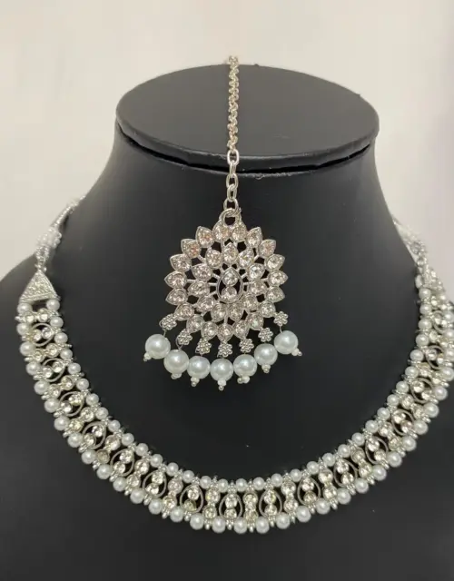 Asian Necklace set earrings tikka, Indian bridal SILVER colour with zhumki