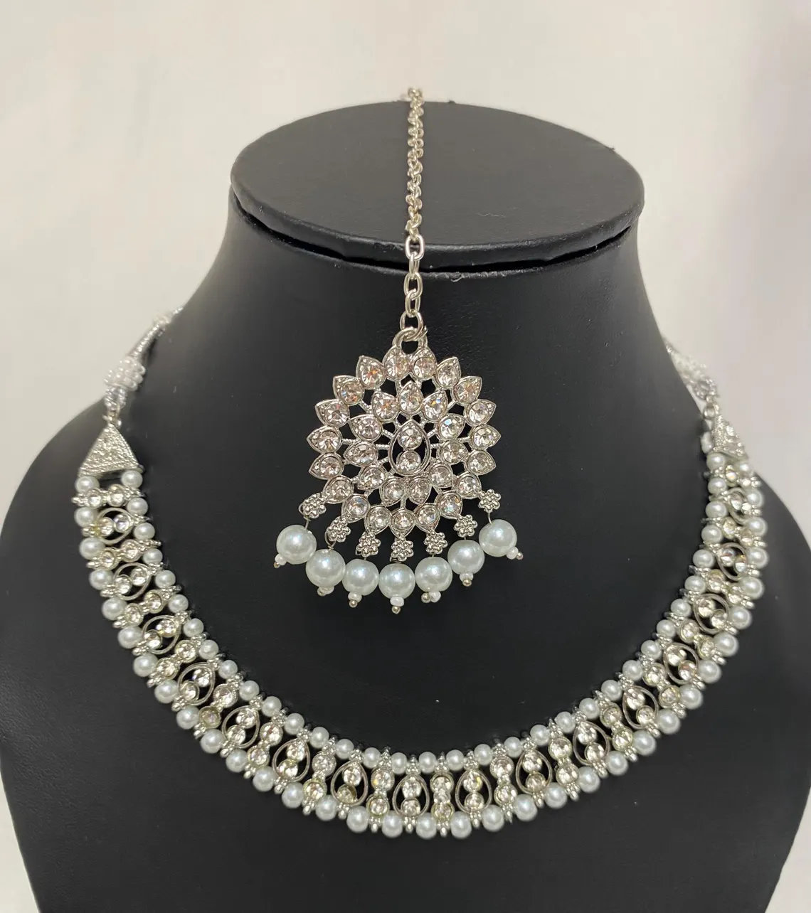 Asian Necklace set earrings tikka, Indian bridal SILVER colour with zhumki 2pcs