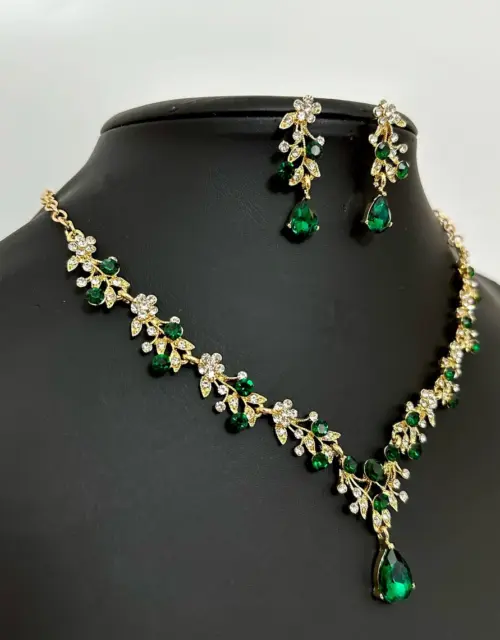 Emerald Green Crystal Jewelry Set, Gold Bridal Necklace Earrings Set