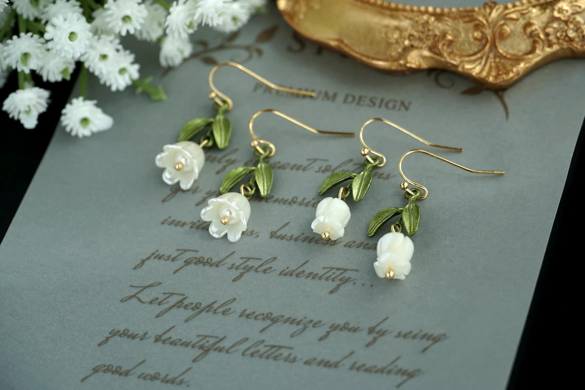 lily of the Valley Flower Earrings Wedding Earrings Bridal earrings Fairy earrings christmas gift Cottagecore Dangle Flower Earrings1001 2pcs - Image 2