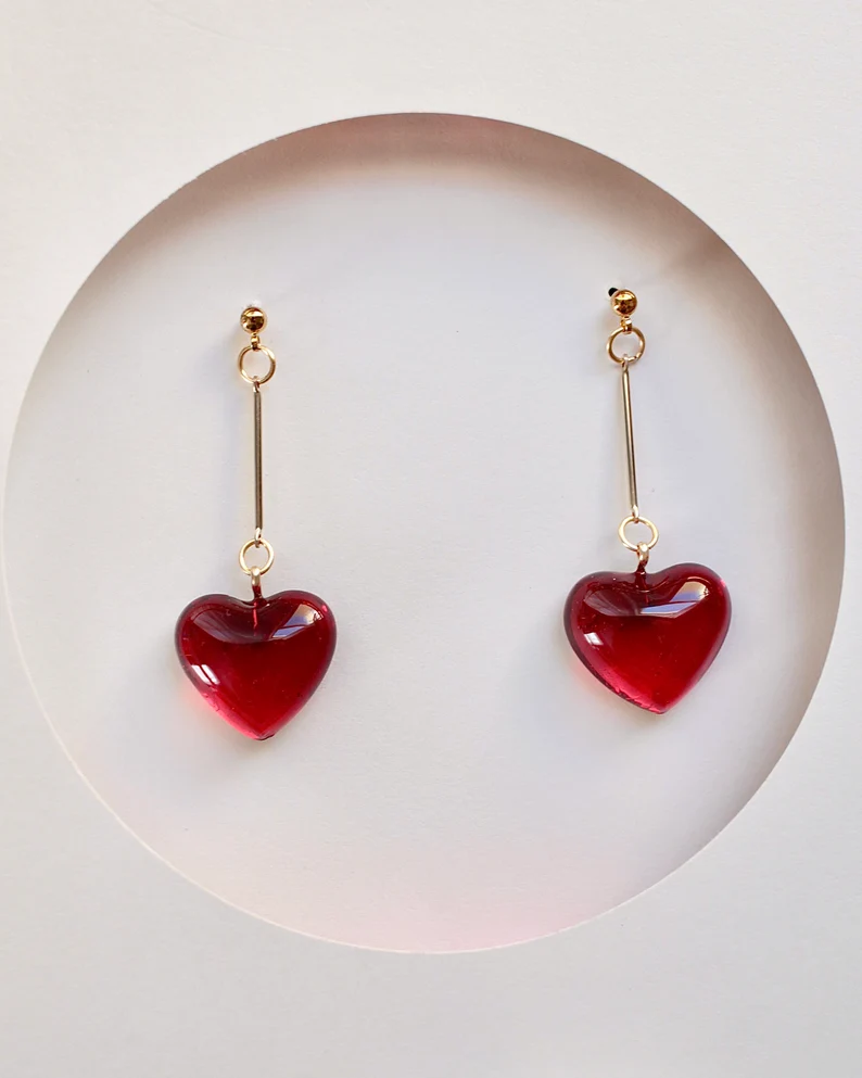 Red heart earring, handmade, drop earring, simple, cute, valentine earrings, valentine gift, birthday gift, mother's day, sweetheart, gold