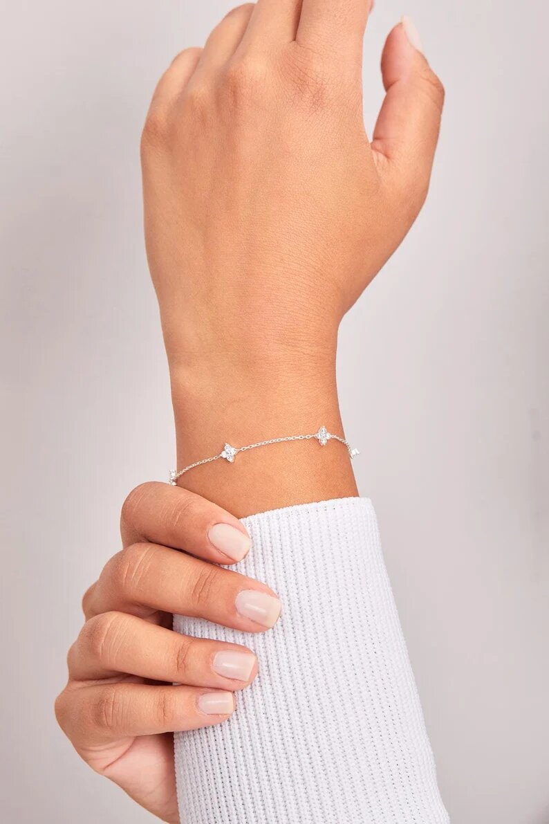 Dainty Silver Bracelet, Diamond Wedding Bracelet, Minimalist Gemstone Bracelet for Women, Bridesmaid Gifts, Christmas Gifts